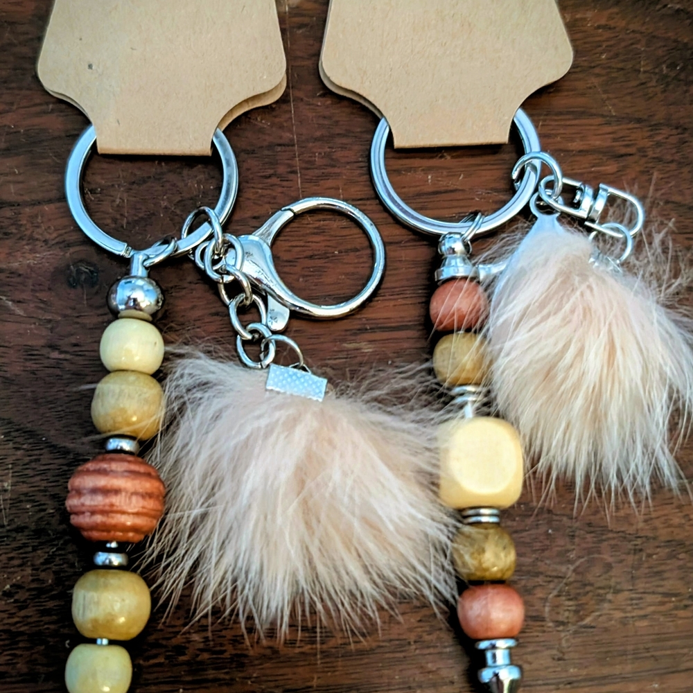 Beaded Pom-Pom Keychain - Cream & Brown